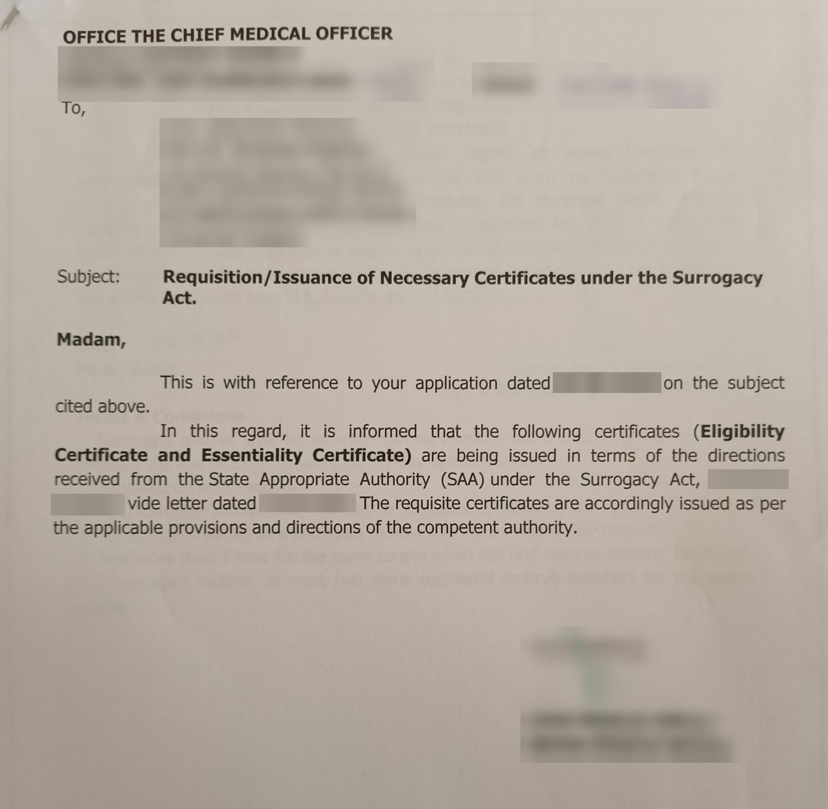 Covering letter, blurred. It names the application date, the directions received from the State Appropriate Authority and the letter date.