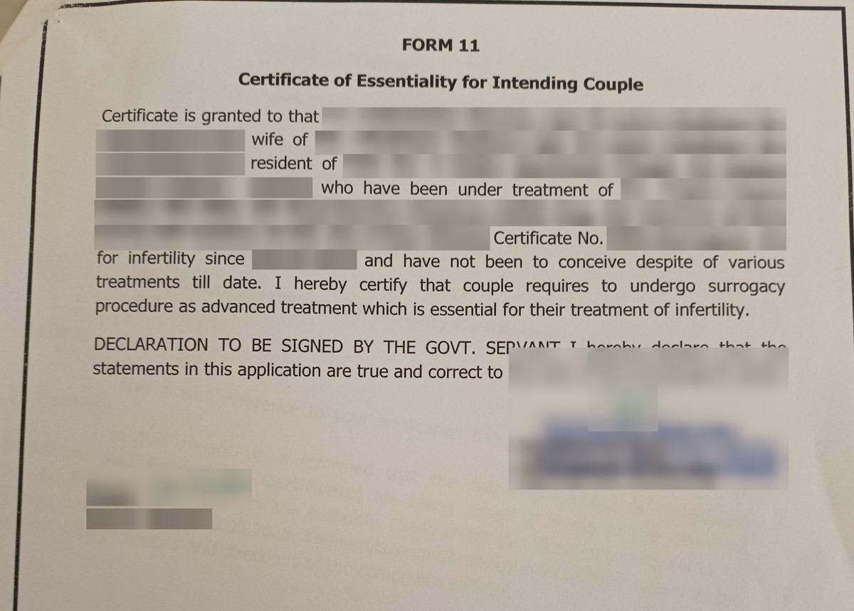 Form 11 Certificate of Essentiality for Intending Couple, with personal details, dates, numbers, signature and seal blurred.