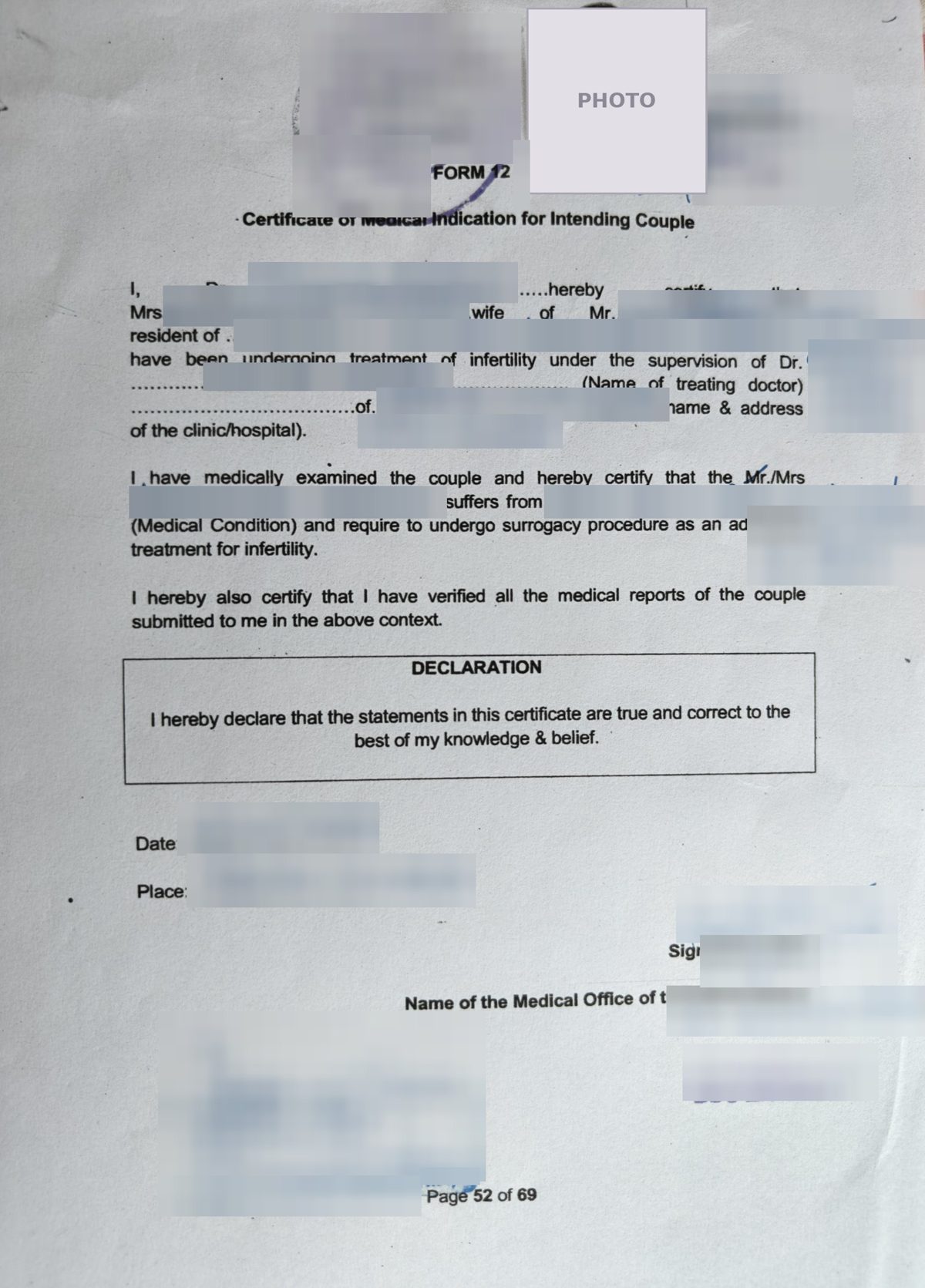 Form 12 Certificate of Medical Indication for Intending Couple. Photo, names, address, doctor, clinic, medical condition, stamps, signatures and dates are hidden.